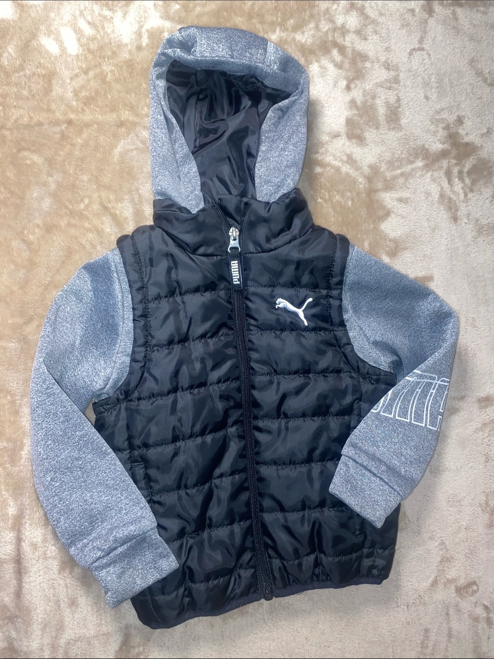 Puma Black Puffer Jacket with Gray Hooded Sleeves